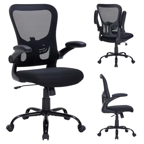 Ergonomic Mesh Office Chair with Adjustable Lumbar Support, Flip-Up Arms & Rolling Swivel Base, Breathable Computer Desk Chair for Home Office, Study & Remote Work, Black
