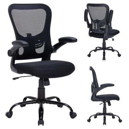 Ergonomic Mesh Office Chair with Adjustable Lumbar Support, Flip-Up Arms & Rolling Swivel Base, Breathable Computer Desk Chair for Home Office, Study & Remote Work, Black