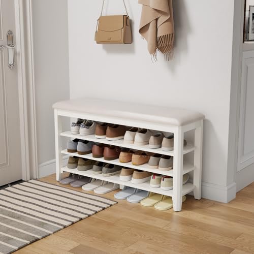 AQIMUELE Shoe Bench with Leather Cushion, 3 Tiers Shoe Storage Bench Height Adjustable, Walnut Wood Entryway Bench for Hallway, Mudroom - color: White, size: 39.4"