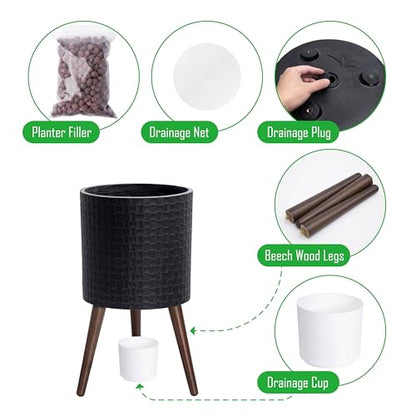D'vine Dev Planter Pot with Wood Stand, 12 in, Distressed Black, 88-Z-C-5 | Mid-Century Modern Style, Elevated Plant Display, Drainage Hole and Plug, Functional & Stylish, Modern Indoor Planter - color: Distressed Black, size: Large