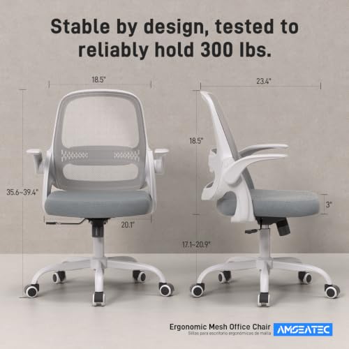 amseatec Ergonomic Mesh Desk Chair with Flip-Up Arms, Supports 300 lbs | Aerospace-grade frame, Mesh & 3" foam seat. 90-110° rocking, height adjustable, 360° swivel. - color: Grey