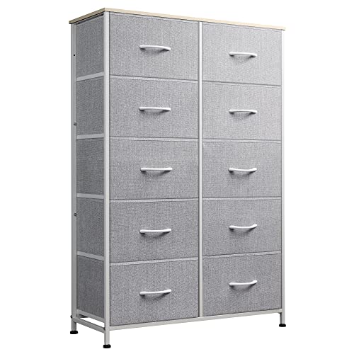 WLIVE Tall Dresser for Bedroom with 10 Fabric Drawers, Light Grey | 10 Drawers, Fabric Dresser for Closet, Storage Tower with Cabinet, Metal Frame - color: Light Grey