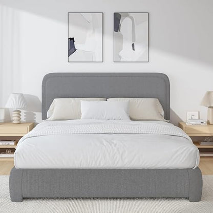 BarnFurin Full Bed Frame, Cloud Boucle Headboard, Low Profile, Light Grey | Soft boucle and rounded edges create a low-profile cloud look. Wooden slats support the mattress without a box spring - color: Light Grey, size: Full