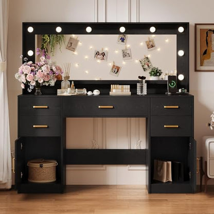 TOKSOM 44.8" Large Vanity Desk with Lighted Mirror & Power Outlet, Black Makeup Vanity Desk with Mirror and Lights, Black Vanity Table with 5 Drawers and 2 Cabinets, Dressing Table for Bedroom - size: 44.8 inch, style: Modern Black