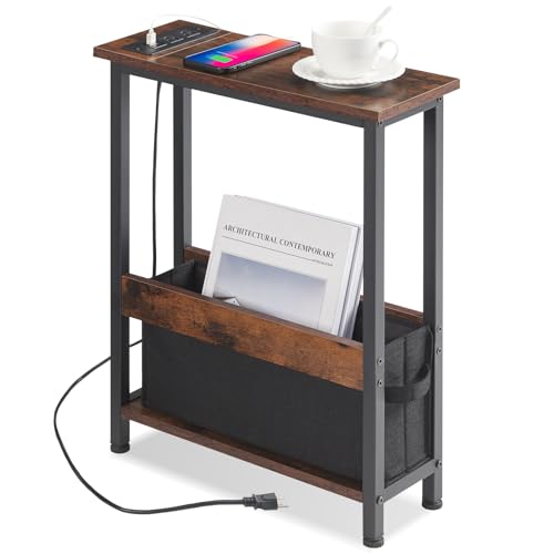 Slim Charging End Table with Storage - For Small Spaces and Bedroom - color: Rustic Brown