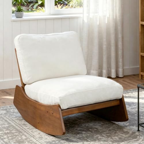Armless Rocking Chair, Upholstered Glider Lounge Chair, Beige | Comyf Chenill, Curved Solid Wood Base, for Living Room, Bedroom - color: Beige