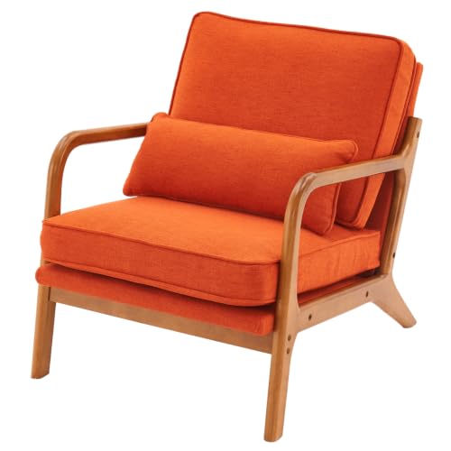 Karl home Mid-Century Modern Accent Reading Chair, Burnt Orange | Linen Upholstered, Solid Wood Frame, Soft Cushion, Lumbar Pillow, Lounge Armchair for Living Room, Bedroom, Balcony, Study - color: Linen Orange