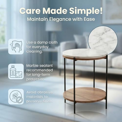 Lyra Round Marble End Table – Solid Acacia Wood Shelf, Open Storage Side Table for Living Room, Bedroom, Entryway, Small Spaces – Nightstand, Plant Stand, Modern Accent Table with Metal Frame - color: Lyra White