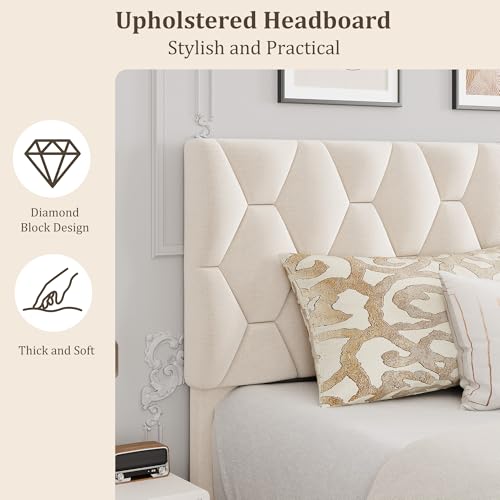 GAOMON King Bed Frame with Upholstered Headboard, Heavy-Duty Platform Bed Frame with Strong Wood Slats, No Box Spring Needed/Noise Free/Easy Assembly, Ivory White | Heavy-Duty Bed Frame with Wooden Slats Support Upholstered Mattress Foundation No Box Spri