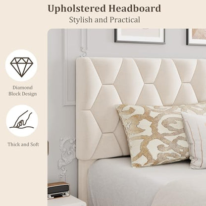 GAOMON Beige Full Bed Frame with Upholstered Headboard, Heavy-Duty Platform Bed Frame with Strong Wood Slats, No Box Spring Needed/Noise Free/Easy Assembly - color: Beige, size: Full
