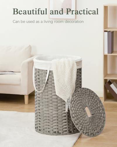 SETVSON Large Laundry Hamper Laundry Basket with Lid, Round PE Rattan, Gray | 130L Large Woven Basket with Lid, Removable Washable Liner Bag, 2 Mesh Laundry Bags, Foldable Long Side Handles - color: Gray, size: 130 L