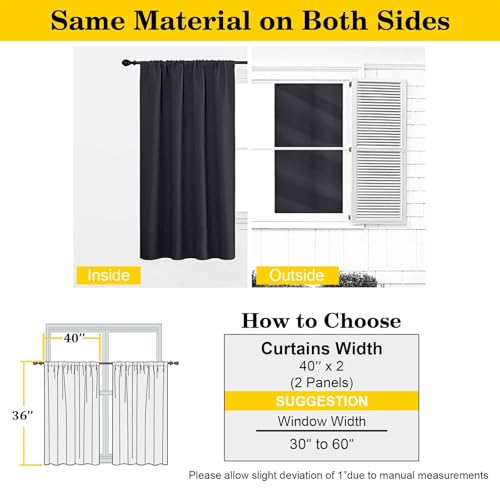Black Cafe Blackout Curtains 36 Inch Length 2 Panels Set, Soft Solid Thermal Insulated Room Darkening Small Window Curtains for Kitchen Bathroom Basement, Black, Each, 40" Wx36 L - color: Black, size: 40"W x 36"L (Pack of 2)