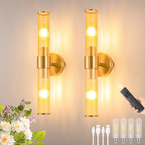 Morauroral Gold Battery Operated Wall Sconces Set of 2, Rechargeable Wall Lights with Remote Control, 20 Inch Modern Wireless Wall Lamp for Bedroom, Living Room with Amber Shade (Bulbs Included) - color: Gold（Amber Glass）