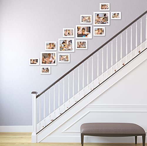 VELISTA 14 Piece Stair Picture Frame Set for Wall Collage – Stairwell Gallery Wall Frame Set -Stairway Décor for Walls - Ladder Picture Frames 4x6, 5x7, and 8x10 in - Staircase Wall Décor (White) - color: White