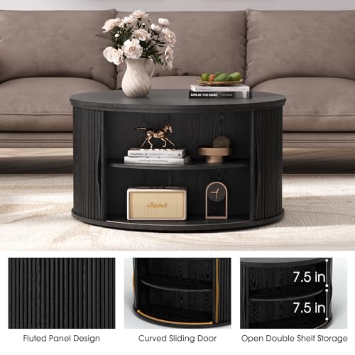 SULIVES Round Coffee Table with Lifting Top, Multifunctional Lift Top Drum Coffee Table with Sliding Door, Small Fluted Center Table for Living Room,Black - color: Black_round-lift-top
