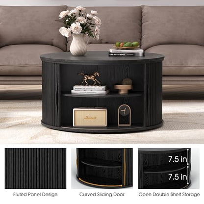 SULIVES Round Coffee Table with Lifting Top, Multifunctional Lift Top Drum Coffee Table with Sliding Door, Small Fluted Center Table for Living Room,Black - color: Black_round-lift-top