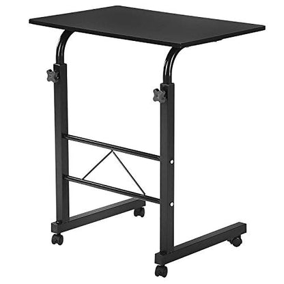 Sofa Side Table C Shaped End Table with Wheels, Black Rolling Bedside Laptop Table Snack Table TV Tray, Height Adjustable, Wooden Top & Metal Frame - color: Black, 23.6"-style 2