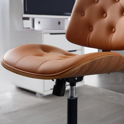 Armless Home Office Chair in Button Style, PU Leather Small, Brown | PU Leather Adjustable Height Computer Desk Chair, 360 Swivel Small No Arms Office Seat, Walnut Design Stool, 300LBS Cap - color: Brown, size: Button Style