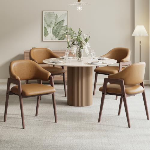 MALOL Wooden Dining Chairs Set of 4, Faux Leather, Curved Open Back, Brown - color: Brown, size: Set of 4