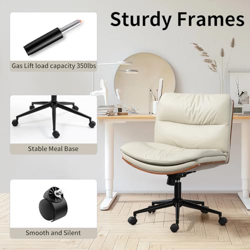Armless Modern Walnut Office Desk Chair with Wheels, PU Leather Adjustable Wide Swivel Executive Task Chair, Ergonomic Cross Legged Computer Chair for Conference Room, Home Office, Beige - color: Beige
