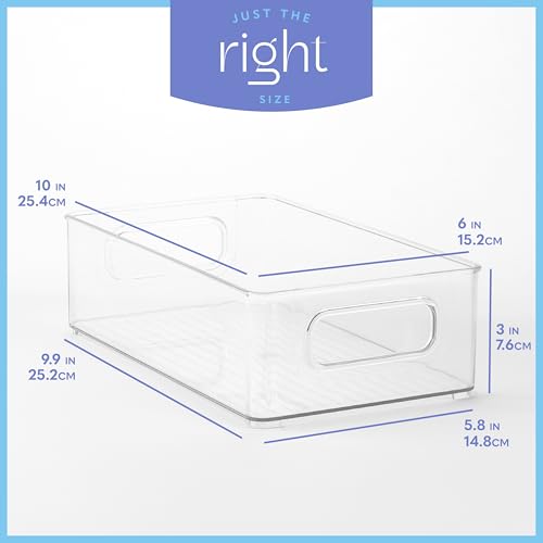 Plastic Food Storage 4 Pack Clear Container Bin with Handles for Organizing Kitchen, Pantry, Refrigerator, Freezer, Pantry, Cabinet, Closet, Bathroom. Stackable 10”x6”x3” - size: 10x6x3