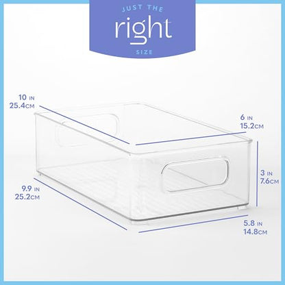 Plastic Food Storage 4 Pack Clear Container Bin with Handles for Organizing Kitchen, Pantry, Refrigerator, Freezer, Pantry, Cabinet, Closet, Bathroom. Stackable 10”x6”x3” - size: 10x6x3
