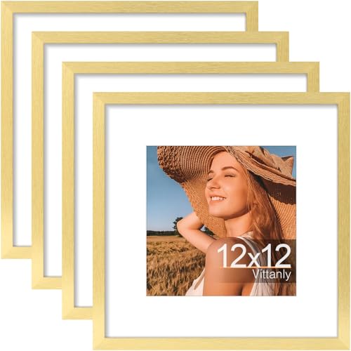 Vittanly 12x12 Picture Frames Set of 4, for Wall Mounting Display, Gold | Display Pictures 8x8 with Mat or 12x12 without Mat, Square Gallery Wall Frame Set, Engineered Wood with Resistant Plexiglass - color: Gold, size: 12x12
