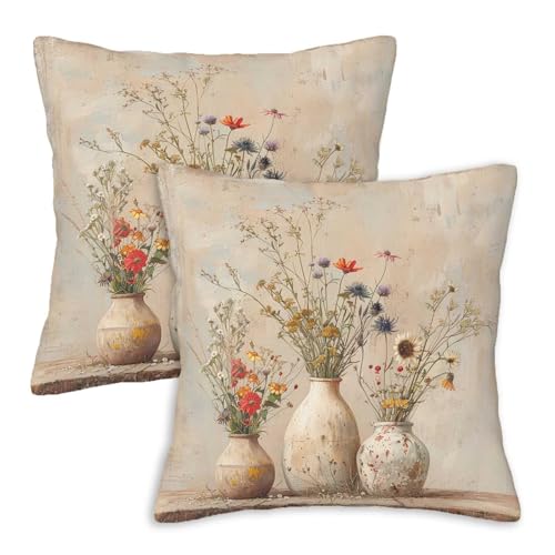 Firmiso Vintage Floral Vase Throw Pillow Covers 18x18 Set of 2｜Neutral Botanical Cushion Covers for Couch Sofa Bed｜Rustic Farmhouse Wildflower Pillow Cases｜Cottage Beige Home Decor - color: Floral Vase