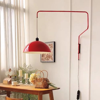Modern Swing Arm Wall Sconce Plug in Red Wall Lamp Dome Shade | Dome Shade Long Arm Wall Mounted Reading Light for Bedroom Dining Room - color: Red