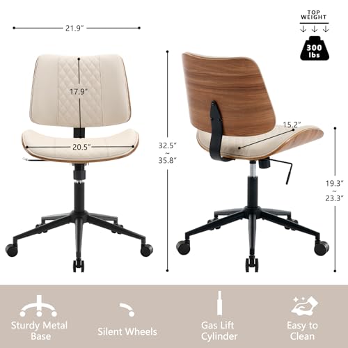 Home Office Chair No Arms with Wheels, Adjustable Height Small Desk Chair, PU Leather Mid Back 360 Swivel Computer Chair, Armless Modern Walnut Chair for Office, Reading Meeting Room(Beige) | Adjustable Height Small Desk Chair, PU Leather Mid Back 360 Swi