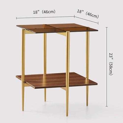 LumFurn Square Glass End Table, Mid-Century Modern Side Table for Living Room, L18xW18xH23inch, Clear Glass and Walnut MDF Wood, Gold Finish Frame - color: L18" Amber & Walnut
