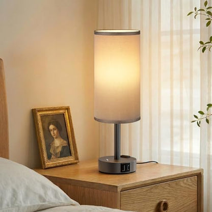 Grey Touch Bedside Lamp for Bedroom, Stepless Dimmable, USB A+C, AC Outlet | Base Touch Button Only, Memory Brightness, Ultra-dim Night Light, Included Bulb for Optimal Dimming, Grey Fabric Shade, Desk - color: Grey & Grey