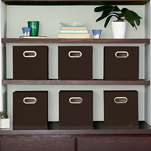 Household Essentials Fabric Storage Bins in Strong Poly‑Woven Fabric with Sturdy Chipboard Sides, and Grommet Front Handle, Brown, Set of 6 - color: Brown, size: 11” L x 11” W x 11” H