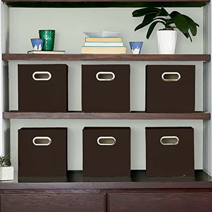 Household Essentials Fabric Storage Bins in Strong Poly‑Woven Fabric with Sturdy Chipboard Sides, and Grommet Front Handle, Brown, Set of 6 - color: Brown, size: 11” L x 11” W x 11” H