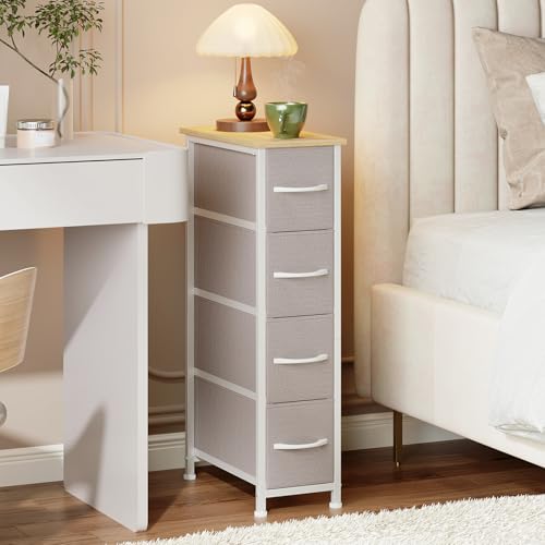 Somdot Narrow Dresser for Bedroom, 4 Drawer Storage Cabinet, Ash Grey | Storage Organizer with Fabric Bins, Storage Organizer Unit, Wood Top, Sturdy Steel Frame, Chest of Drawer for Closet, Hallway - color: Ash Grey, size: 18.9"D x 7.9"W x 29.5"H (4 Drawe