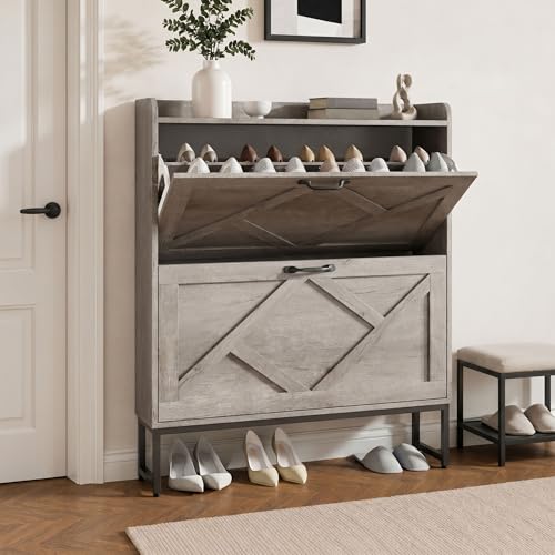Shoe Cabinet Storage for Entryway, Slim Shoe Storage Cabient with 2 Flip Drawers, Narrow Vertical Shoe Rack Cabinet with Metal Hooks, Small Space Solution for Hallway, Grey - color: Grey