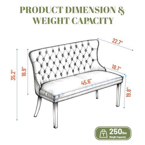 Velvet Upholstered Dining Bench with Back,Luxury Tufted Small Love Seat Settee Sofa Benches,Wingback Banquette Seating Bench with Nailhead Trim Stainless Steel Legs (1, Grey+Gold) - color: Grey+gold