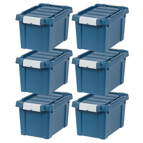 IRIS USA 6-Pack 5 Gal Heavy Duty Lockable Storage Totes with lids, Navy | Built for tools, hardware, emergency supplies and small equipment, Stackable design keeps spaces organized - color: Navy, size: 5 Gal - 6 Pack