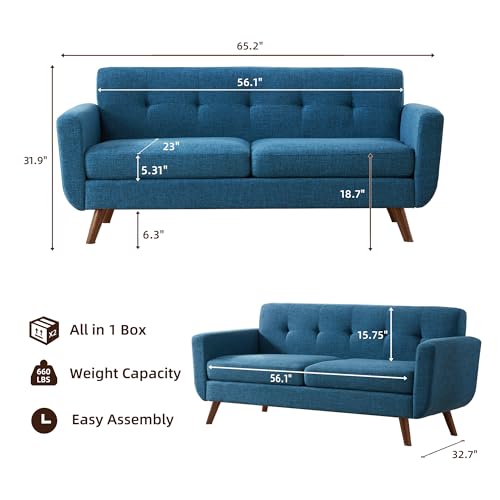 Tbfit 65" W Loveseat Sofa, Mid Century Modern Decor Love Seat Sofas and Couches for Living Room, Button Tufted Upholstered Small Couch for Bedroom, Solid and Easy to Install Love Seats Furniture, Blue - color: Blue, size: 65.2 inch
