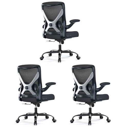 Office Chair: Mesh Ergonomic Desk Chair with 3D Lumbar & Swivel | 330LBS Computer Chair-Executive Task Chairs with Flip-up Arms Home Office Chairs Gaming Chair for Long Hours(Black-Pack of 3) - color: Black, size: Pack of 3