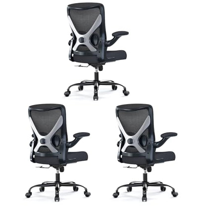 Office Chair: Mesh Ergonomic Desk Chair with 3D Lumbar & Swivel | 330LBS Computer Chair-Executive Task Chairs with Flip-up Arms Home Office Chairs Gaming Chair for Long Hours(Black-Pack of 3) - color: Black, size: Pack of 3
