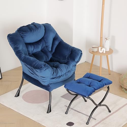 Lazy Chair with Ottoman, Comfy Accent Reading Chair, Velvet RoyalBlue | Foldable Footrest,Removable Cover,with Armrests and Side Pockets,Upholstered Lounge Chair for Bedroom,Dorm,Office,Small Space - color: Velvet Royalblue