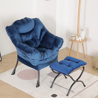 Lazy Chair with Ottoman, Comfy Accent Reading Chair, Velvet RoyalBlue | Foldable Footrest,Removable Cover,with Armrests and Side Pockets,Upholstered Lounge Chair for Bedroom,Dorm,Office,Small Space - color: Velvet Royalblue
