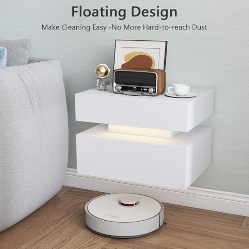 Floating Nightstand Set of 2,Modern Bedside Tables with LED Light for Bedroom,Small Night Stands with Drawers, Wall Mounted End SideTables Set for Living Room - color: White