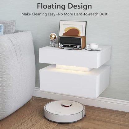 Floating Nightstand Set of 2,Modern Bedside Tables with LED Light for Bedroom,Small Night Stands with Drawers, Wall Mounted End SideTables Set for Living Room - color: White