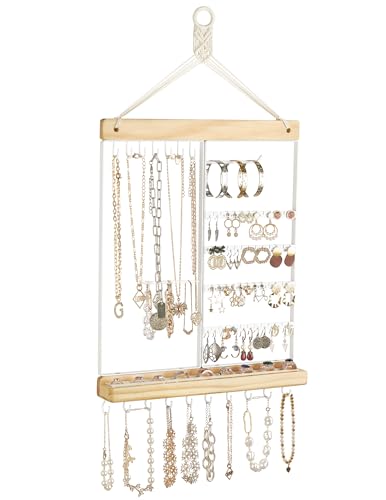 Mkono Hanging Wall Jewelry Organizer, Necklace Earring Holder Display Shelf | Boho Style, Wood Storage Rack, for Bracelets Rings Studs, Easy to Install, Large Capacity, Western Bedroom Decor,Gift Idea