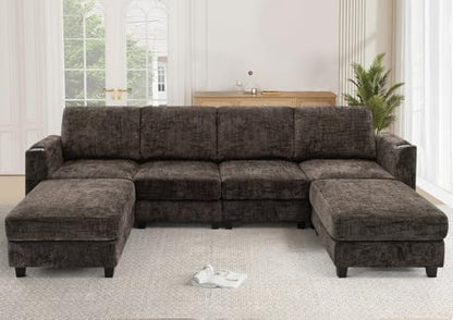110" Convertible U-Shape Couch with 2 Flexible Ottomans, Brown | Soft Sectional Sofa w/2 Built-in Cup Holders, Chenille 4 Seats Sofa with Well-Filled Back Cushions for Living Room, House - color: Brown, size: 110" U-Shape