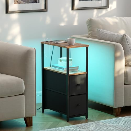 TUTOTAK Narrow LED End Table with Charging Station, Skinny Side Table | Bedside Table with Outlets, Nightstand with 2 Cloth Drawers, Couch Table for Living Room, Bedroom, Brown and Black TB01BB056K - color: Brown and Black, style: 2 Drawers with Plug & Li