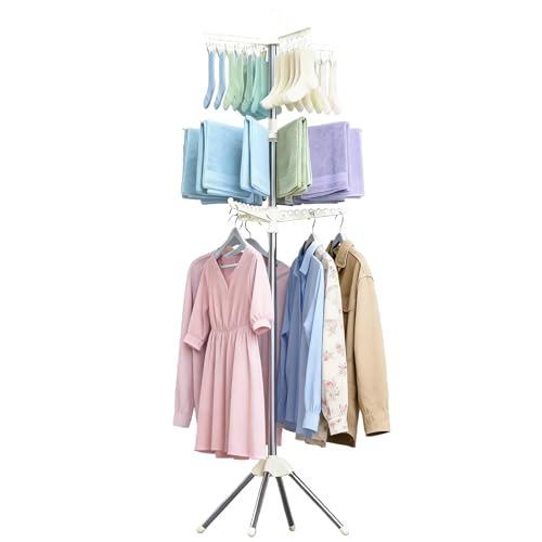 Beaudaily Clothes Drying Rack, Foldable 79.5-Inch Laundry Drying Rack,3 Tie, with Rotatable Arms, Stainless Steel, Holds 27 Clothes,8 Towels and 24 Clips for Hanging Socks, White and Silver - color: White + Silver, size: 3-Tier