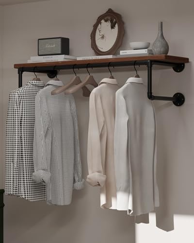 Clothes Rack 36in, Wall Mounted Garment Racks with Brown Real Wood Shelf, Heavy Duty Hanging Clothes Rack, Multi-Purpose Hanging Rod, Space-Saving Closet Storage - color: Brown, size: 1T36IN